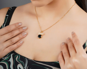 BISHTY Black stone pendant Anti Tarnish Anti Allergic chain girls women Cubic Zirconia Gold-plated Plated Stainless Steel Chain
