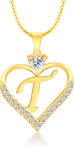 Heer Collection Heart Shape Alphabet 'T' Valentine Special Pendant Propose Wedding Anniversary Cubic Zirconia, Crystal Gold-plated Plated Brass, Copper Chain Set