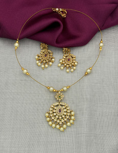 YIMBLI Traditional Wedding Wear Necklace/Jewellery Set For Women and Girls Gold-plated Plated Brass Necklace Set