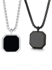P. R. PRINTS X000263 Black & Silver Geometric Square Natural Stone Locket Pendant Box Chain Stainless Steel Necklace Set