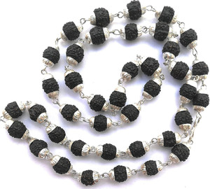 Vivity Mahakal Shivji Natural Himalaya Black Beads Simple Mala Original Silver Plated Brass, Copper Chain