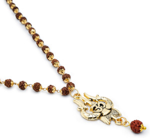 DIVINE HINDU Gold Plated Rudraksha Om Shiva Necklace Lab Certified Brown 54 Beads Size16 Inch Gold-plated Plated Brass Necklace