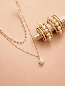 Tiso Elegant Pearl Gold Earrings Chain Pendant Set for Women Girls Office Daily Wear Pearl, Cubic Zirconia, Crystal Alloy Chain Set