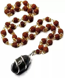 Green Spiritual Religious Jewelry Locket With Puchmukhi Rudraksha Mala(8MM 36Beads) Gold-plated Plated Wood Chain