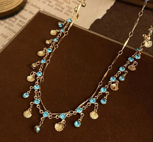 BLINGEE Blue Shell Multi Layer Necklace Chain For Girls Women Party Daily Wear Cubic Zirconia, Diamond, Crystal, Zircon Gold-plated Plated Stainless Steel Necklace