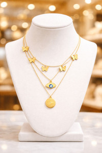YOGINI JEWELS Elegant Layered Butterfly & Evil Eye Necklace Gold-plated Plated Stainless Steel Layered