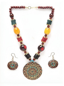 JDX Handcrafted Bohemian Necklace & Earrings Set Wood Necklace Set