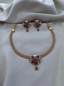 YIMBLI Traditional Wedding Wear Necklace/Jewellery Set For Women and Girls Gold-plated Plated Brass Necklace Set