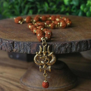 DIVINE HINDU Gold Plated Rudraksha Om Shiva Necklace ISO Certified Brown 36 Beads Size16 Inch Gold-plated Plated Brass Necklace