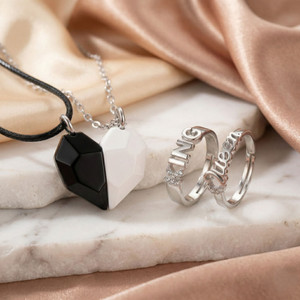P. R. PRINTS Couple Pendant Necklace & Ring Combo for Men and Women | Love Gift for Couples Rhodium Plated Alloy Necklace Set
