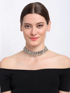 Earcadni Oxidised Silver Teardrop Choker Necklace, Traditional Design with Hanging Beads Silver Plated Alloy Necklace