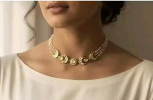 MITRANG CREATION Pearl kundan multi layer moon pendant necklace Pearl Brass Choker