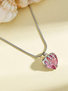 BISHTY Pink Heart Pendant Chain for Girls|Valentine's day gifts| Stylish Delicate Chain Cubic Zirconia Silver Plated Stainless Steel Chain