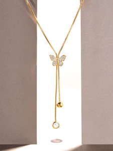 RUBANS 18K Minimal Chain Butterfly Motif Zircon Drop Pendant Necklace Gold-plated Plated Brass Chain