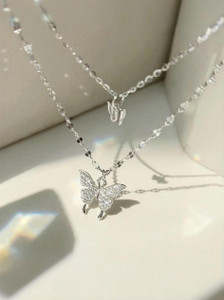 JRISSY Shining Fabulous silver plated butterfly pendant Layered necklace Cubic Zirconia Silver Plated Stainless Steel Layered