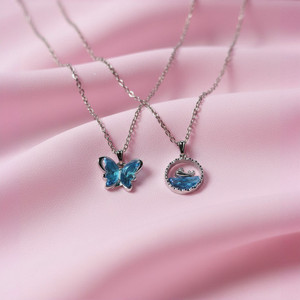 VR Divine Adorn Beautiful 2 PCS Blue Crystal Pendant Necklace Set | Dolphin & Butterfly Jewelry Diamond Silver Plated Stainless Steel Necklace