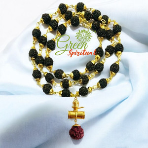 Green Spiritual Religious Jewelry Hanuman Locket With Puchmukhi Rudraksha Mala (8MM 36Beads) Gold-plated Plated Wood Chain