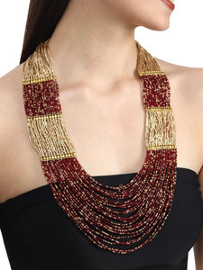 DCA Red & Gold Multilayer Ethnic Beaded Necklace for Women Glass Necklace