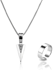 Vivity High Polished The Black Arrow Pendant Heavy & Stylish Ring Combo Silver Plated Brass, Stainless Steel Chain