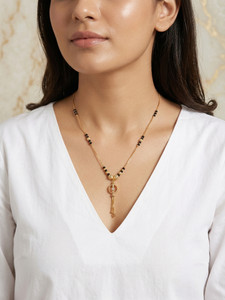 Tigeto Trendy Gold Black Beaded Necklace | Geometric Circle Pendant with Heart Tassel Beads Gold-plated Plated Wood Chain