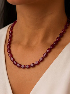 Silver Aura Creations Natural Ruby Gemstone Oval Shape Beaded Necklace, Wedding Necklace, Ruby Sterling Silver Necklace