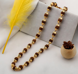 Minprice Natural Rudraksha Mala 7mm Beads With Micro Gold Plated Cap Beads Gold-plated Plated Alloy Chain