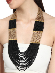 DCA Black & Gold Multilayer Ethnic Beaded Necklace for Women Glass Necklace