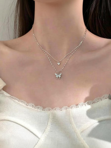 Harsu Collection Layered Butterfly Pendant Necklaces Cubic Zirconia Silver Plated Stainless Steel Chain