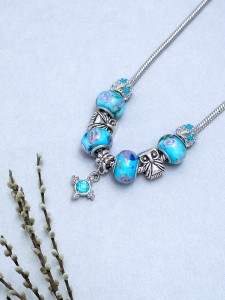 GOLDEN PEACOCK Blue & Silver-Toned Beaded Necklace Silver Plated Alloy Necklace