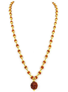 Gokulshoppe 36+1 Big Rudraksha Mala With Golden Cap Wood Chain Set
