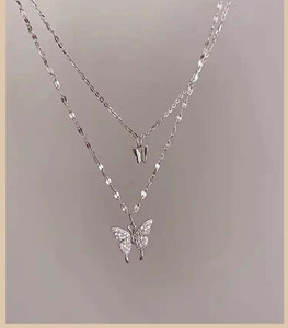 Harsu Collection Layered Butterfly Pendant Necklaces Cubic Zirconia Silver Plated Stainless Steel Chain
