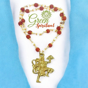 Green Spiritual hanuman Locket with Rudraksha Crystel Mala Sacred Symbol of Power & Protection Gold-plated Plated Wood Chain