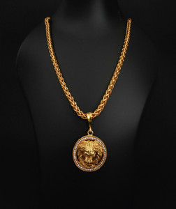 Minprice Round Gold Plated Alloy Brass Chain with Lion Face Diamond Ring Pendant Locket Gold-plated Plated Brass Chain