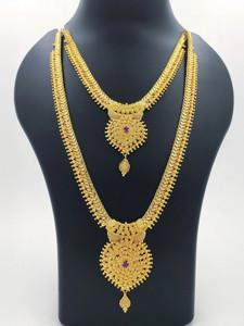 Hanaa Micro Gold Plated Gold Covering Combo Necklace and Haram For Women & Girls Cubic Zirconia Gold-plated Plated Copper Chain Set