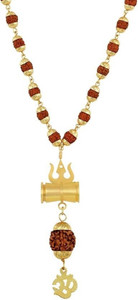 Green Spiritual Rudraksh Gold Plated OM/Trishul/Damru Inspired Mala Pendant Brass Plated Brass Chain