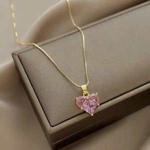 Jassa Gold-Plated Pink Heart Pendant Necklace | Anti-Tarnish Chain Gold-plated Cubic Zirconia Alloy Pendant Set
