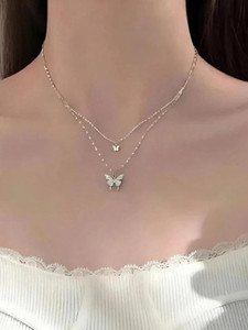 KALAM Korean Women's Double Chain Butterfly Shaped Cubic Zirconia, Diamond Silver Plated Alloy Necklace