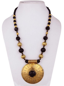 DCA Black & Gold Beaded Necklace with Round Engraved Pendant Brass Necklace