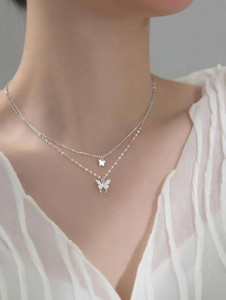 RV YUWON Silver Butter-fly Necklace | women Layered Necklace Cubic Zirconia Silver Plated Stainless Steel Layered