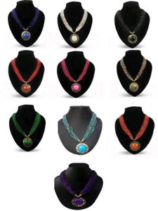 Grace Collections Stylish Women's and Girl's 10 Pcs Set Combo Beads Brass Necklace Gold-plated Plated Alloy Necklace Set