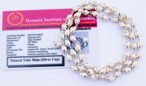 Apnisanskriti White Tulsi Mala in Designer Caps (63 Beads, 3mm, Neck Length, Silver Plated) Wood Chain