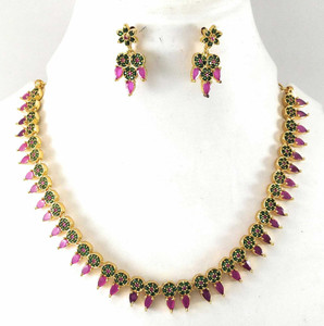 AFJ GOLD ONE GRAM GOLD PLATED TRADITIONAL TRENDY STYLISH NECKLACE. Emerald, Ruby Gold-plated Plated Copper Necklace Set