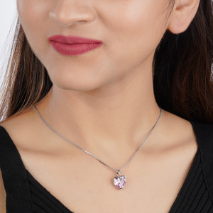 BISHTY Pink Heart Pendant Chain for Girls|Valentine's day gifts| Stylish Delicate Chain Cubic Zirconia Silver Plated Stainless Steel Chain