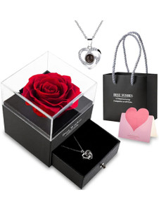 LeWIS Rose with Heart I Love You Necklace in 100 Languages Gift Set Cubic Zirconia Copper Plated Copper Necklace