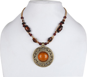 DCA Antique Tribal Beaded Necklace with Big Circular Pendant for Women & Girls Brass, Glass Necklace