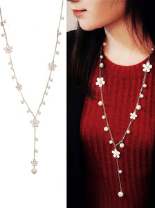 Shining Diva Pearls n Florals Pendent Long Chain Pendant Stylish Necklace Pearl Alloy Chain