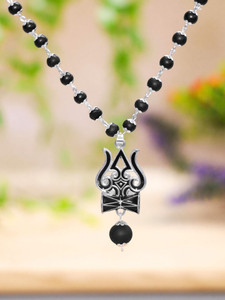 Japam Silver Plated Karungali Mala with Trishool Pendant Wood Necklace