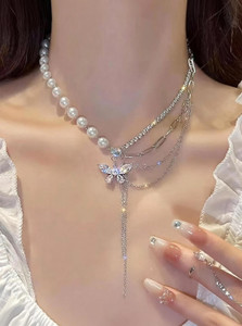 LBTK Rhinestone Butterfly Double Layer Pearl Necklace Sweet, Elegant & Unique Design Alloy Chain