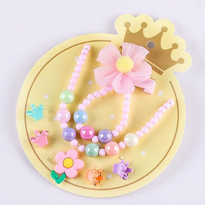 SYGA Children's Beaded 7 piece Girls Jewelry Set with Flower Pattern(Pink Flowers) Plastic Necklace