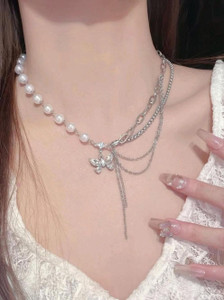 Samna Handicrafts korean butterfly rhinestone layered necklace Silver Plated Alloy Necklace